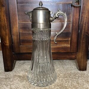 Magnificent Vtg Crystal Claret Or Iced Tea Carafe Pitcher Silver plated Lid/hand